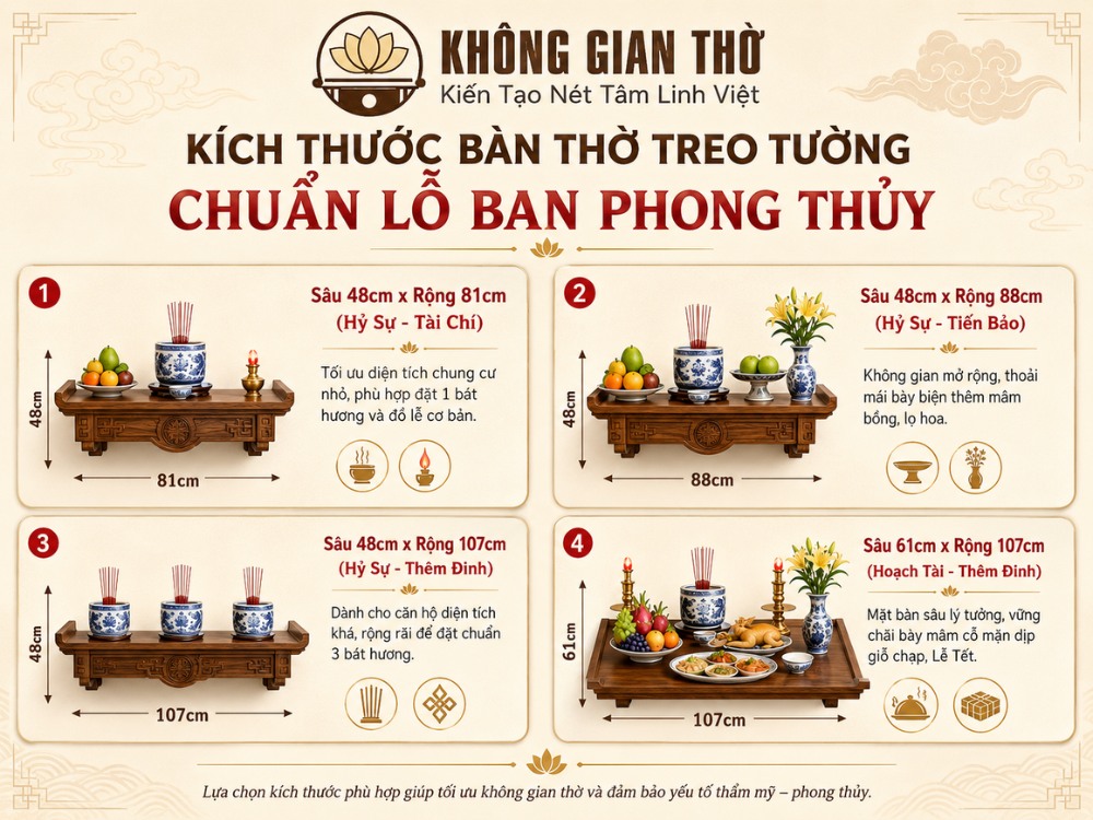 Kích thước bàn thờ treo tường chuẩn theo thước lỗ ban